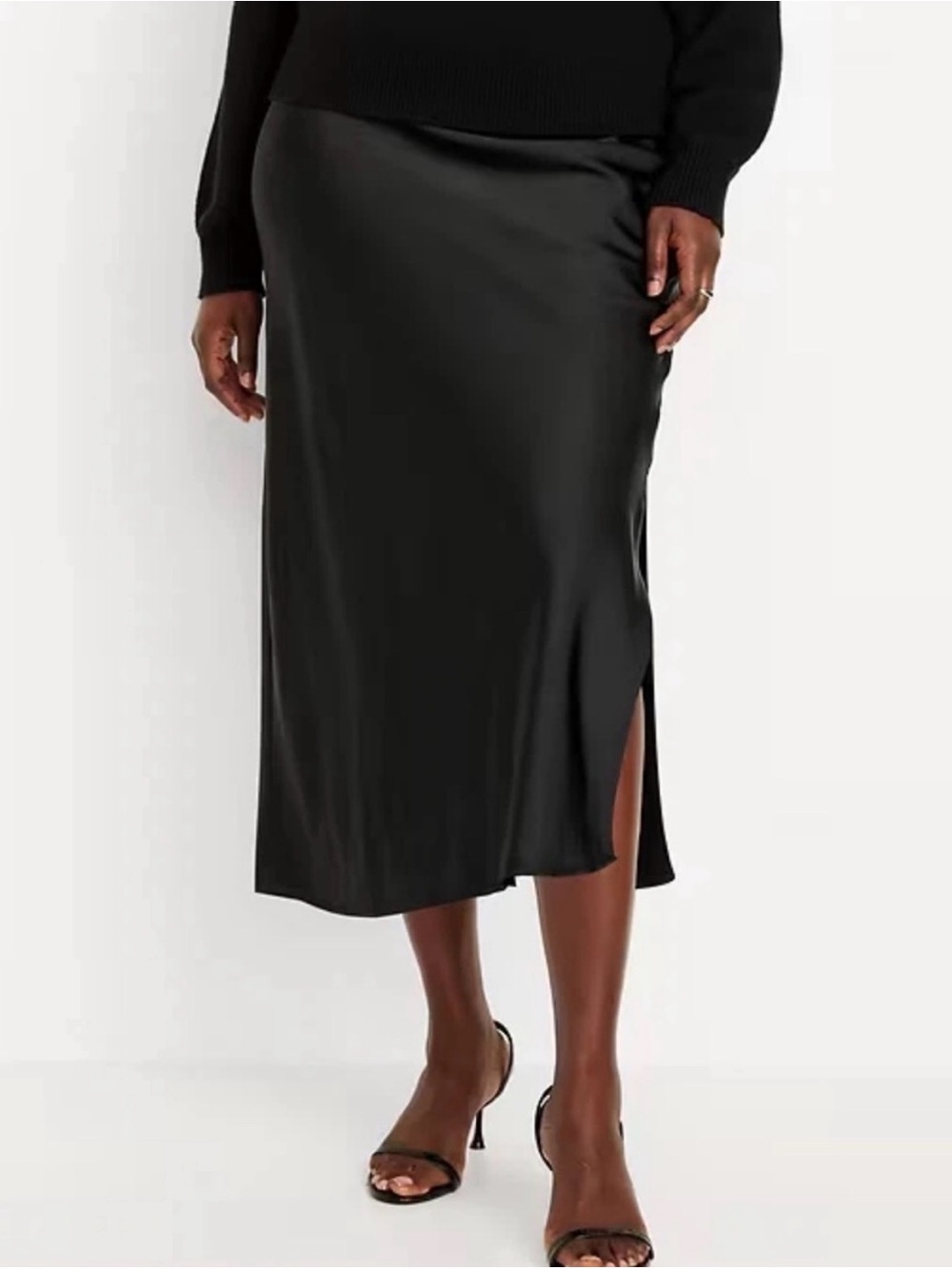 Old Navy Black Satin Midi Slip Skirt High Waisted XL